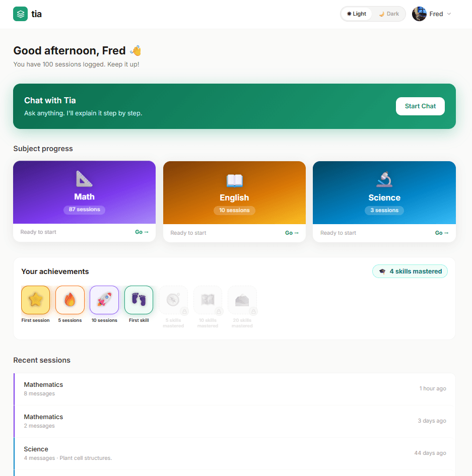 Student dashboard showing Math, English and Science progress